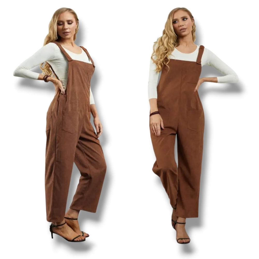 Amazon Women's Brown Corduroy Square Neck With Pockets Overalls Jumpsuit